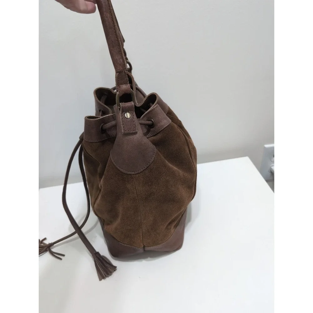 Anabaglish Rowan Brown Suede /Leather Bucket Bag Drawstring Tassel Detail
